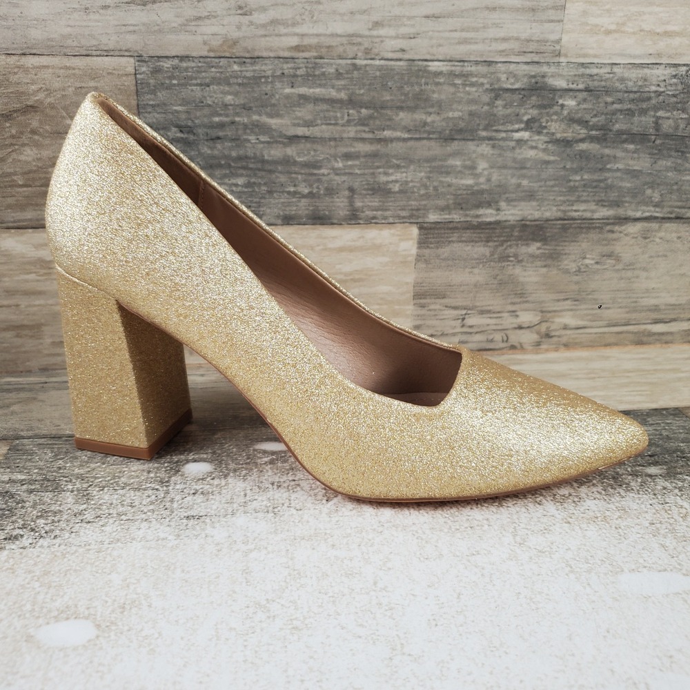 IDIFU Womens Pumps Sz 9 Gold Glitter Pointed-Toe Block Heel Comfort Slip On